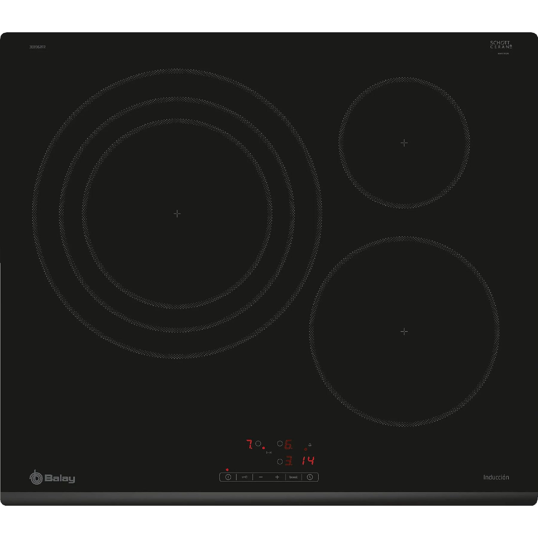 Placa inducción - Balay 3EB967FRE, 3 zonas, Zona Extra Gigante 32 cm, Función Sprint; Negro - VELEO ELECTRO THEC Placa inducción - Balay 3EB967FRE, 3 zonas, Zona Extra Gigante 32 cm, Función Sprint; Negro