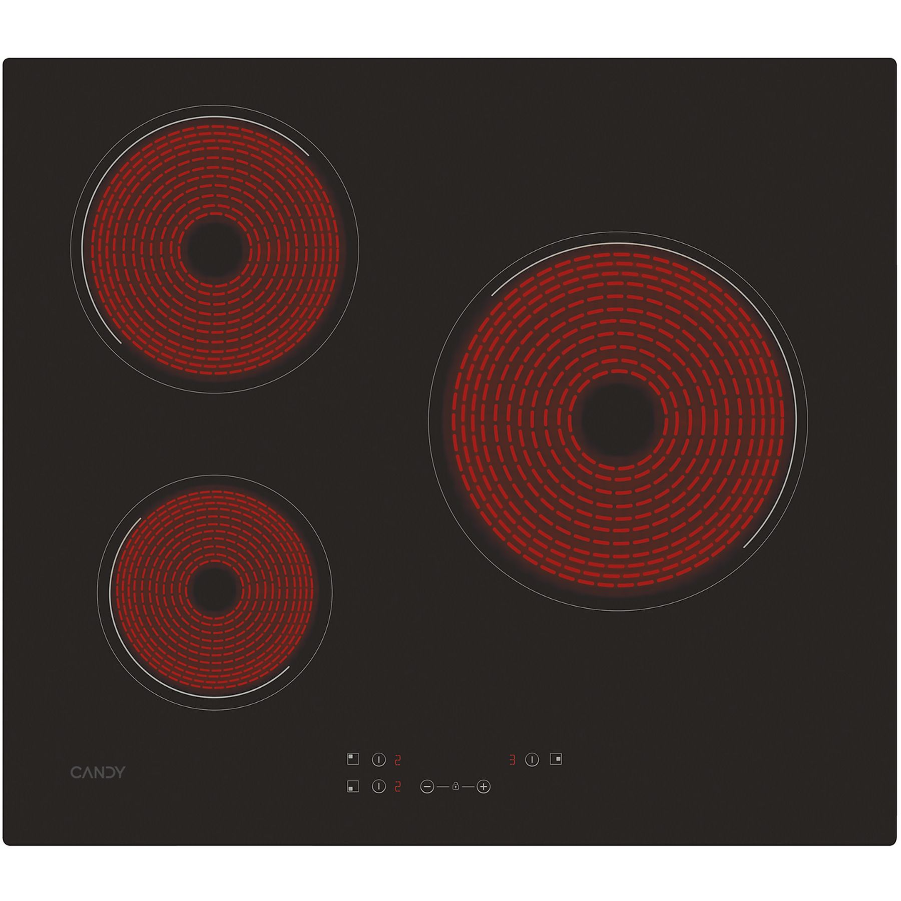 Placa vitrocerámica - Candy Timeless CH63CC/4U2, 3 Zonas, Zona grande 25 cm, Float glass, 60 cm, Negro - VELEO ELECTRO THEC Placa vitrocerámica - Candy Timeless CH63CC/4U2, 3 Zonas, Zona grande 25 cm, Float glass, 60 cm, Negro